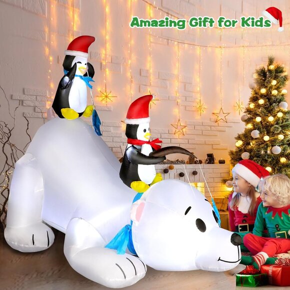 ⚡6FT Christmas Inflatables Cute Polar Bear with Penguins Outdoor Decorations - Picture 3 of 6